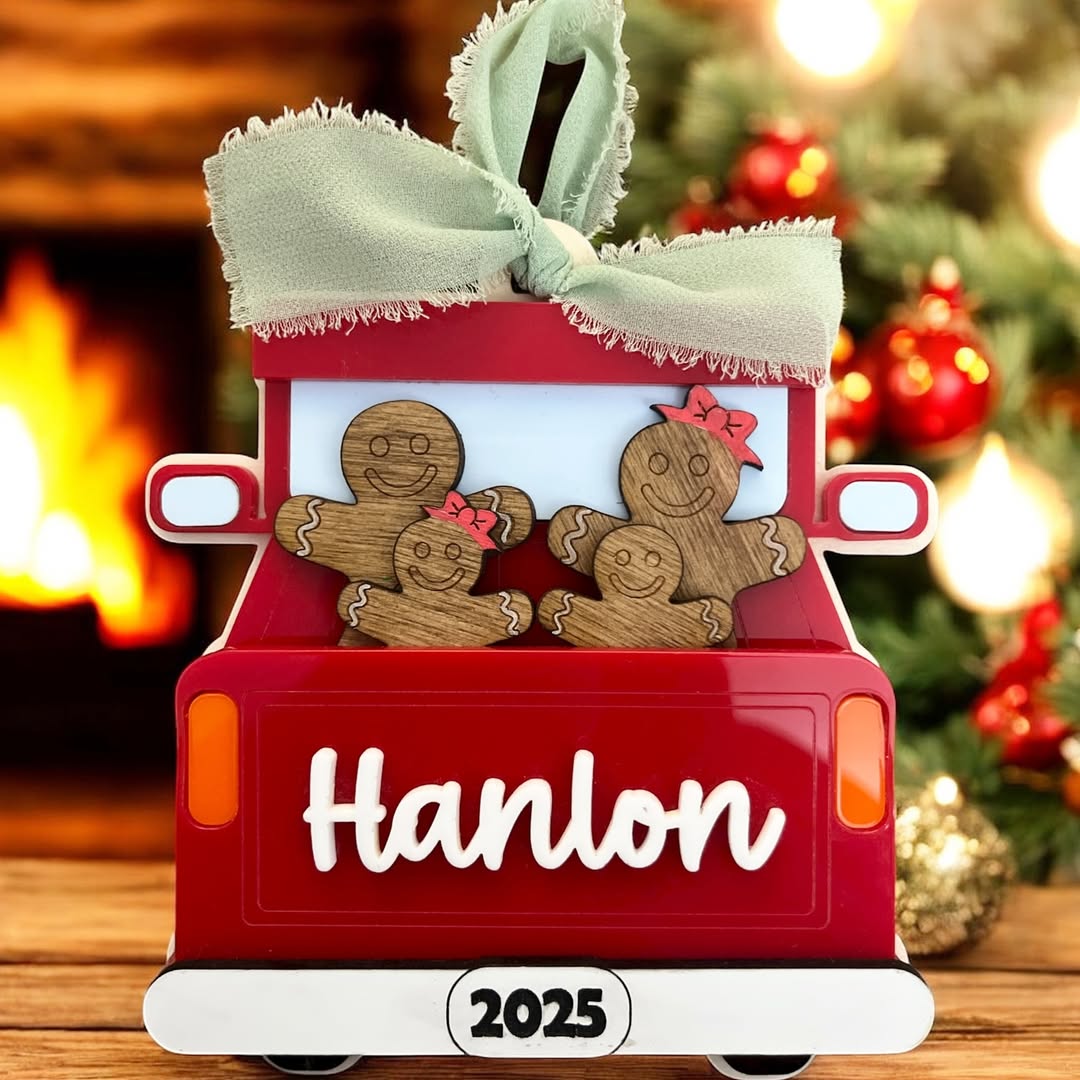 Personalized red truck gingerbread family ornament